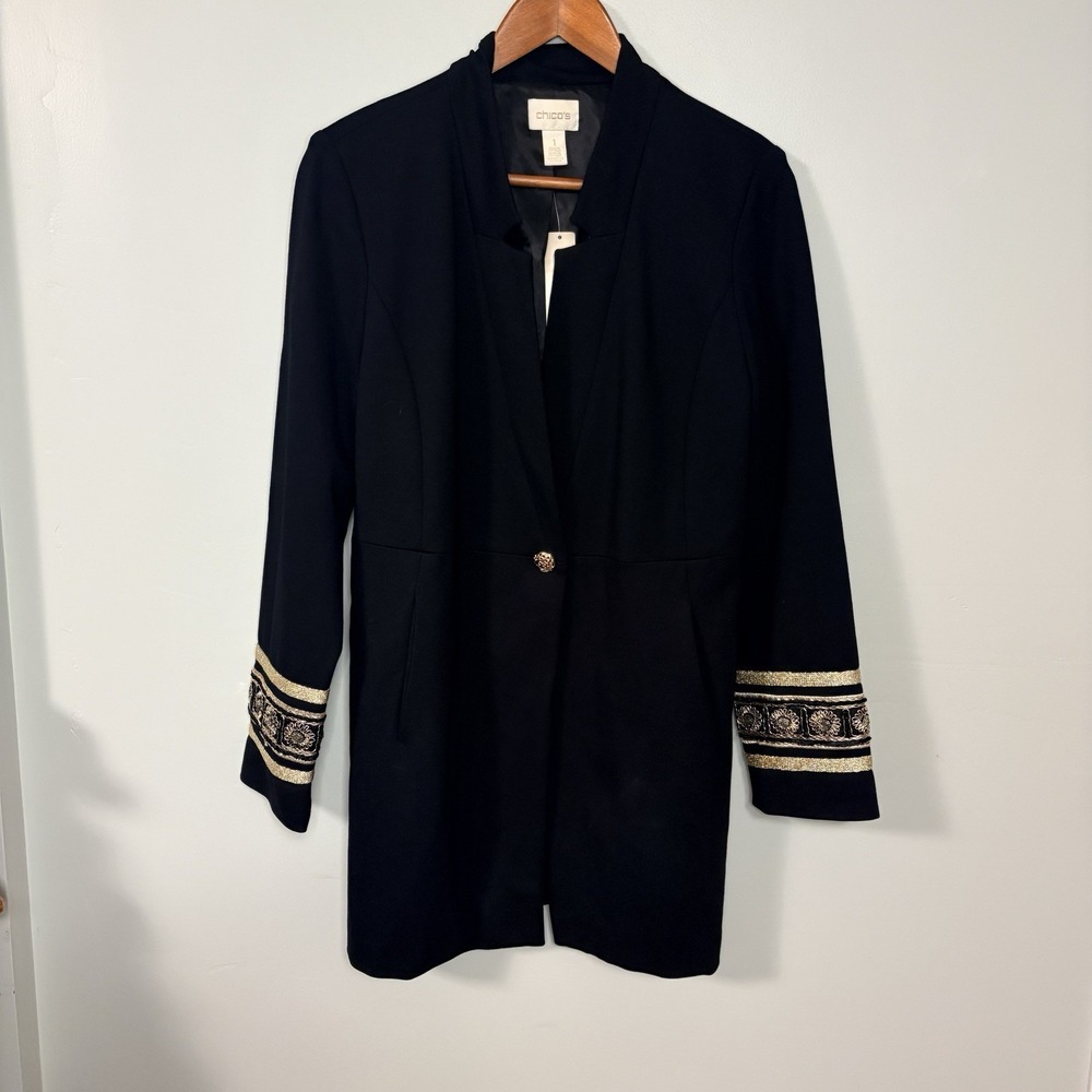 NWT Chico's Black Blazer Jacket Size 1 Medium Gold Button Embroidered Cuff Long
